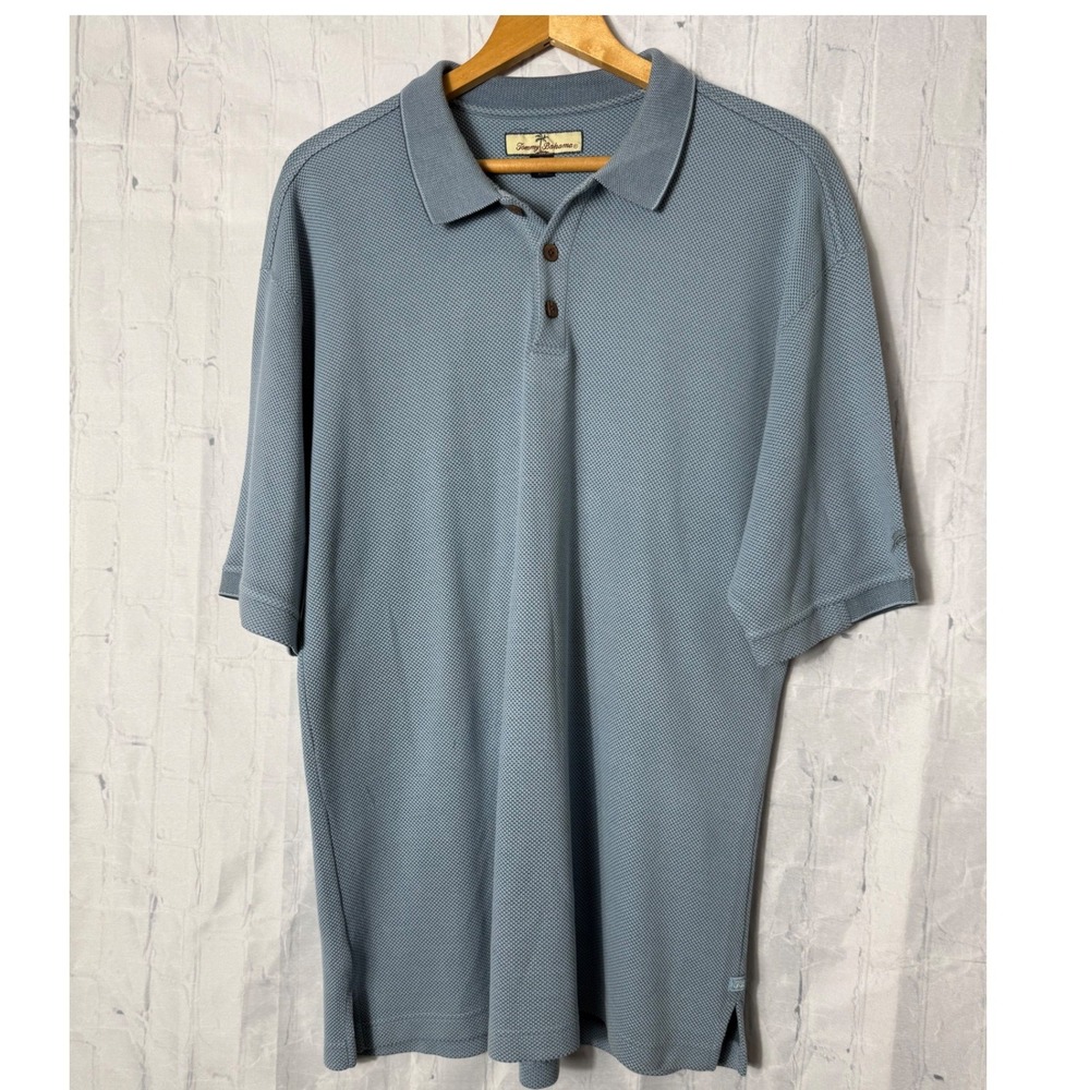 Tommy Bahama Polo Sz XL Blue Gray Silk Cotton Textured Short Sleeve Casual Shirt
